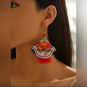 Vintage Bohemian Style Tassel Embroidered Fan Drop Earrings